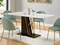 Table à Manger 6 Couverts En Céramique Et MDF - Effet Marbre Blanc, Doré Et Noir Laqué - BALLARAT -Mobilia Boutique table a manger 7171217