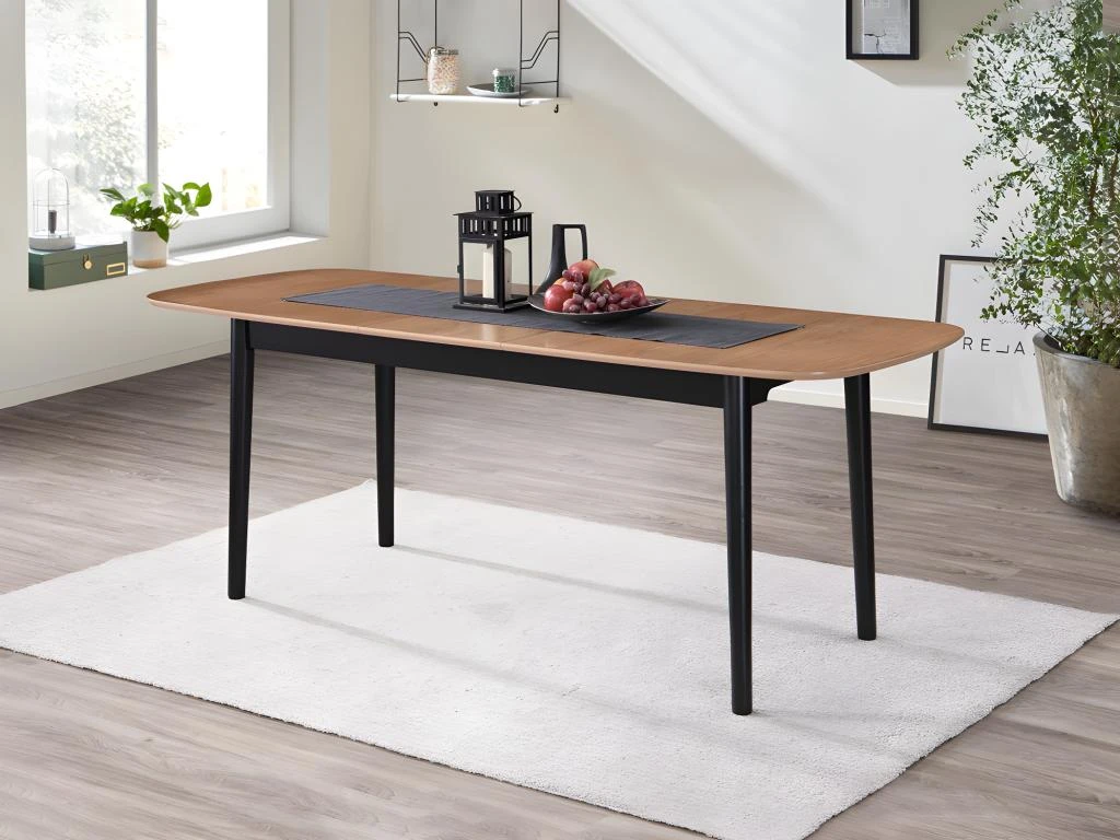 Table à Manger Extensible 6 à 8 Couverts En MDF Et Hévéa - Naturel Et Noir - VISBY 4 Table à Manger Extensible 6 à 8 Couverts En MDF Et Hévéa - Naturel Et Noir - VISBY – Image 2