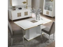 SAFARY - Table Repas Rectangulaire 160cm Laquée Blanc Et Or Décor Sérigraphié